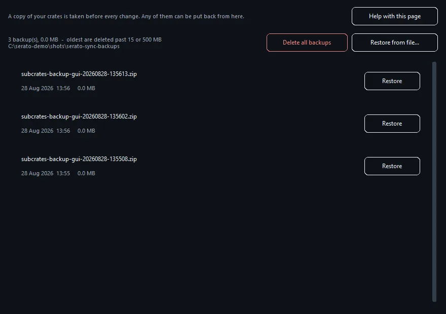 The backups window listing timestamped crate archives with a Restore button beside each one