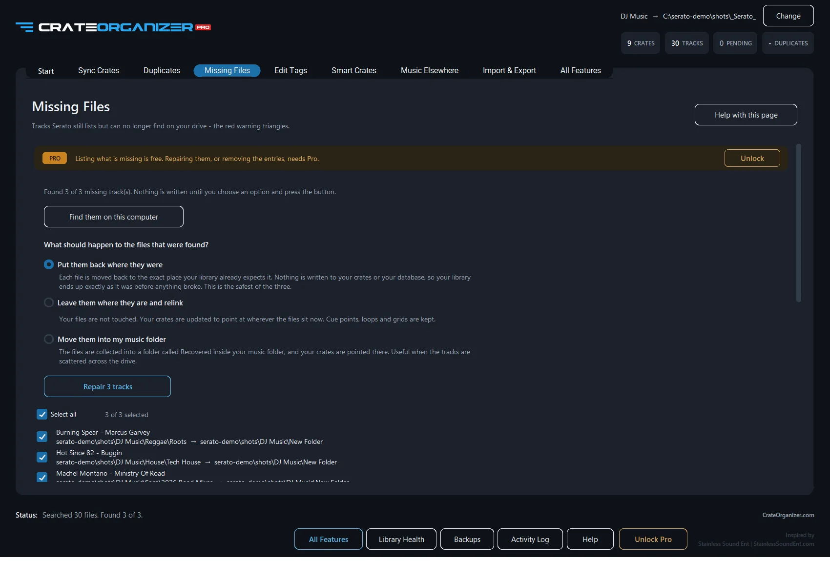 The missing files page listing the tracks Serato can no longer find, with none of them ticked