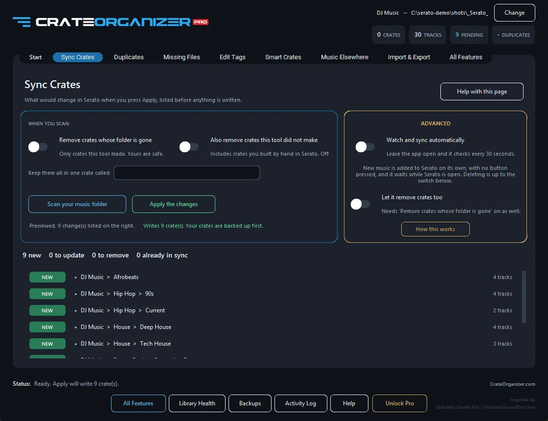 The Sync Crates tab listing nine crates to be created, each with its track count