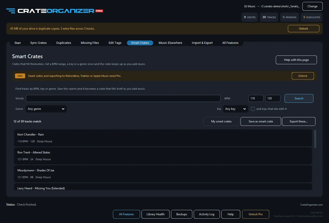 Crate built from BPM and genre rules that Serato smart crates cannot express