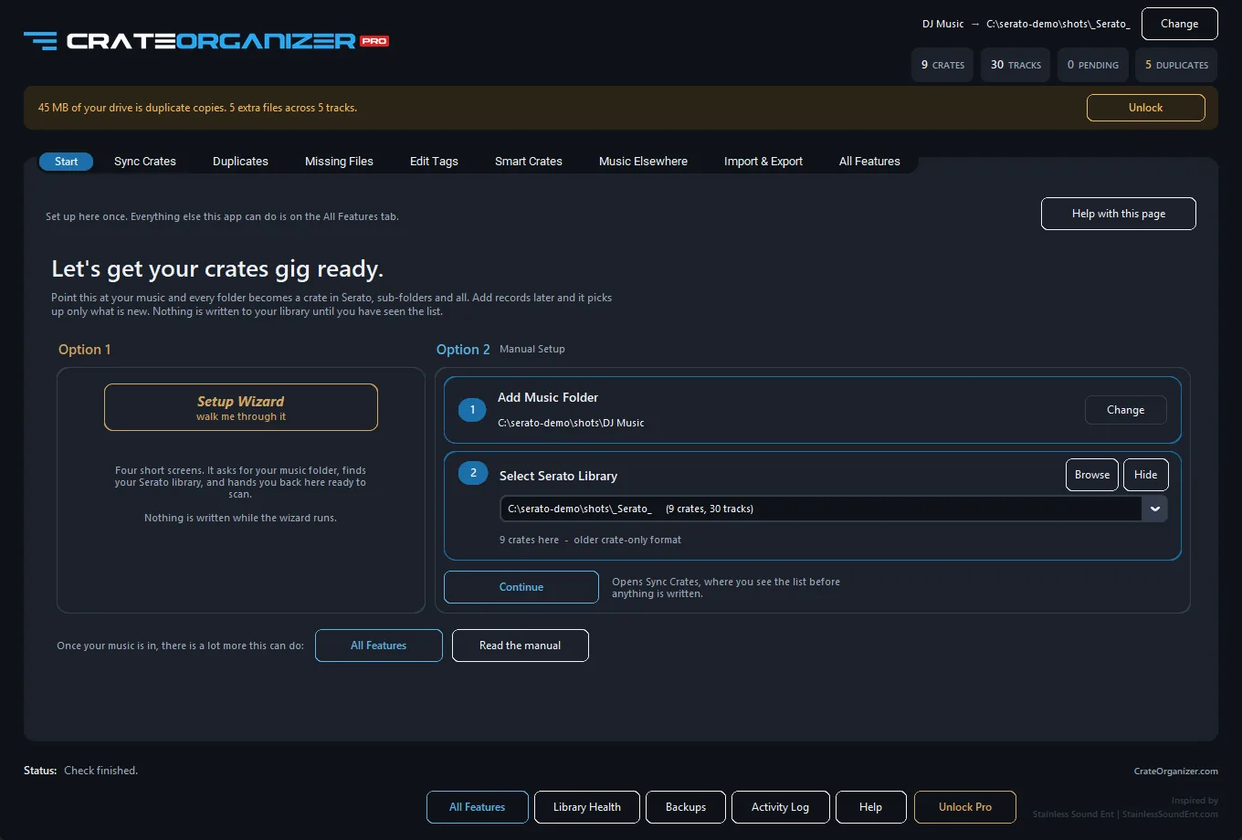 The Start tab with the setup wizard on the left and the music folder and Serato library filled in on the right