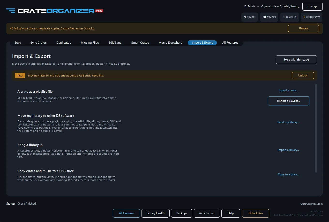 The import and export page listing playlist and library formats in and out